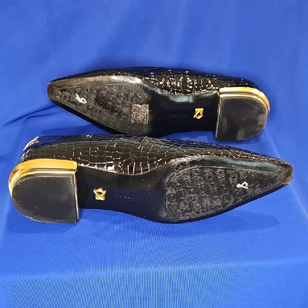 Donna Kara Savita Snip Toe Croc Embossed Flat Black Gold Size 7 - Picture 8 of 12